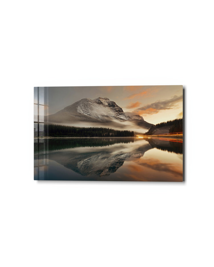 Mountain Mirrored in the Lake glass wall art, studio view