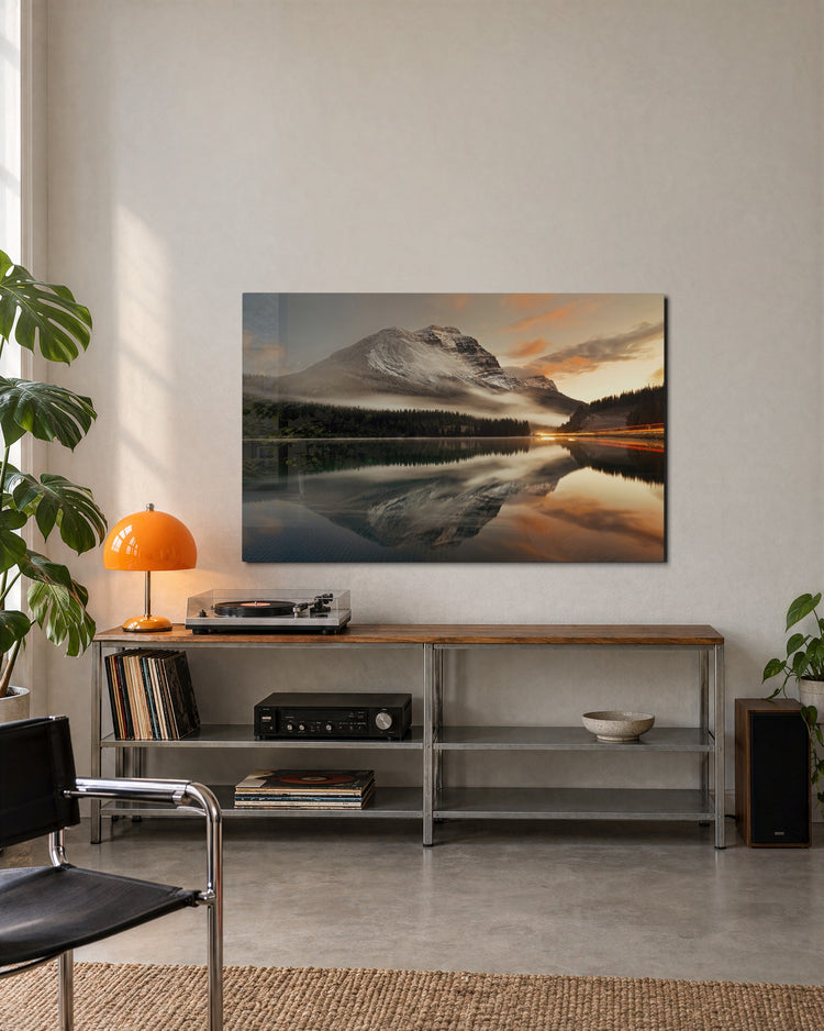 Mountain Mirrored in the Lake glass wall art, lifestyle view
