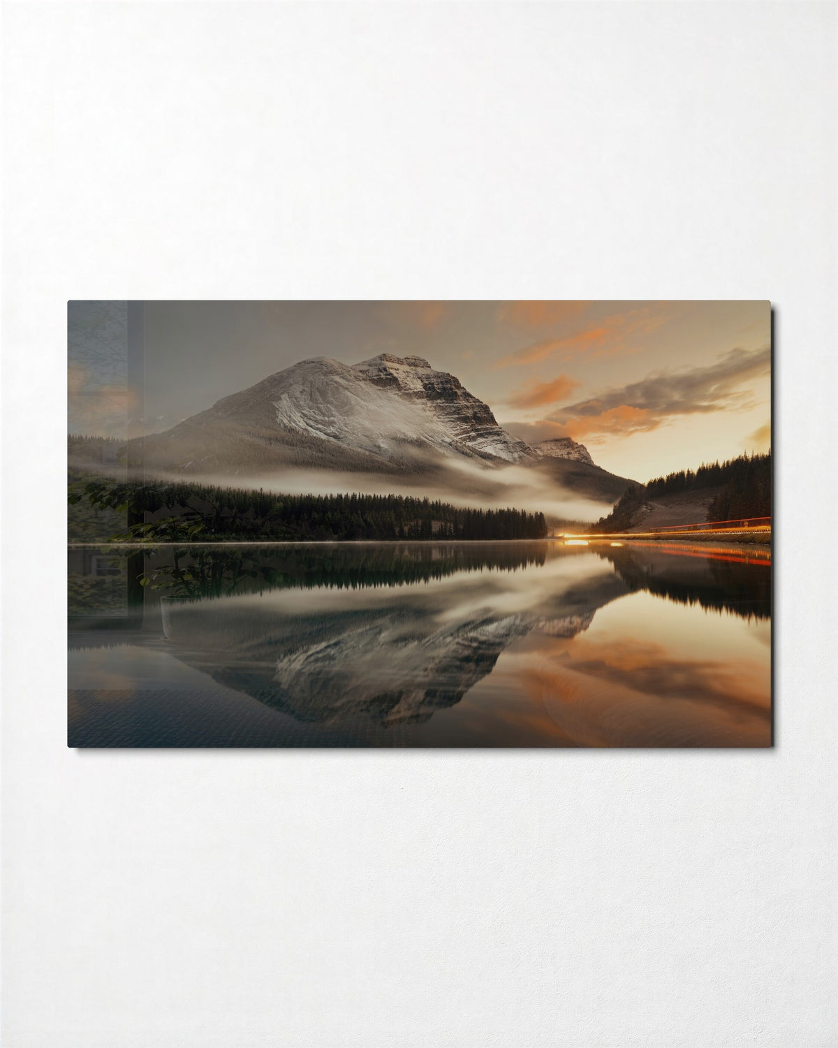 Mountain Mirrored in the Lake glass wall art, front view