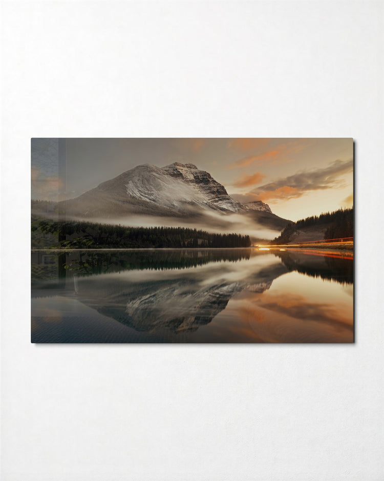 Mountain Mirrored in the Lake glass wall art, front view