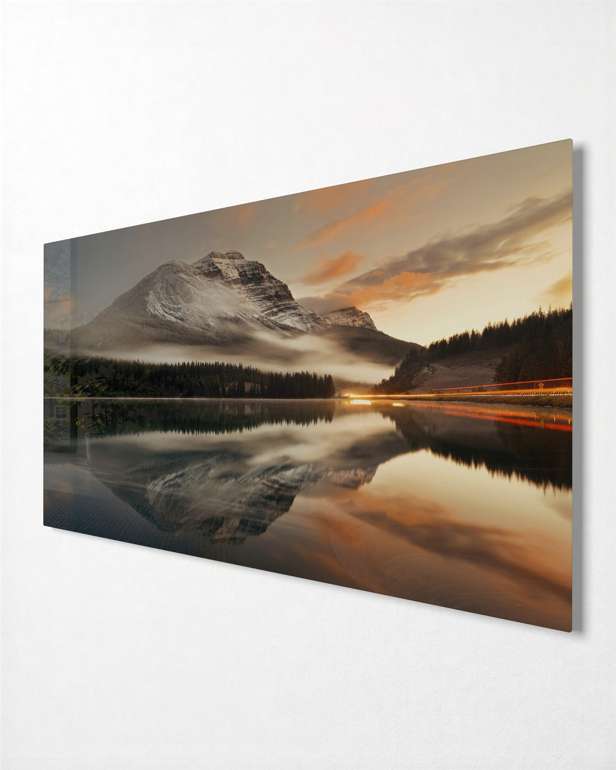 Mountain Mirrored in the Lake glass wall art, side view