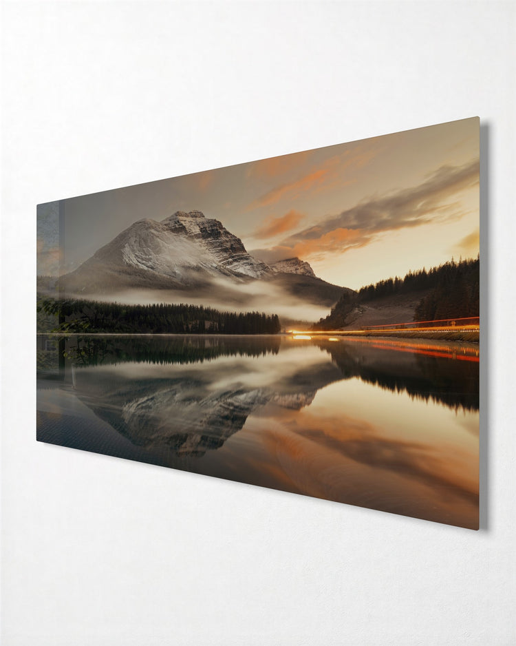 Mountain Mirrored in the Lake glass wall art, side view