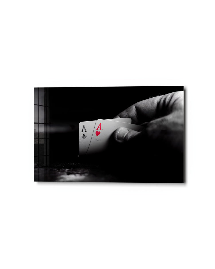 Two Aces in Hand glass wall art, studio view