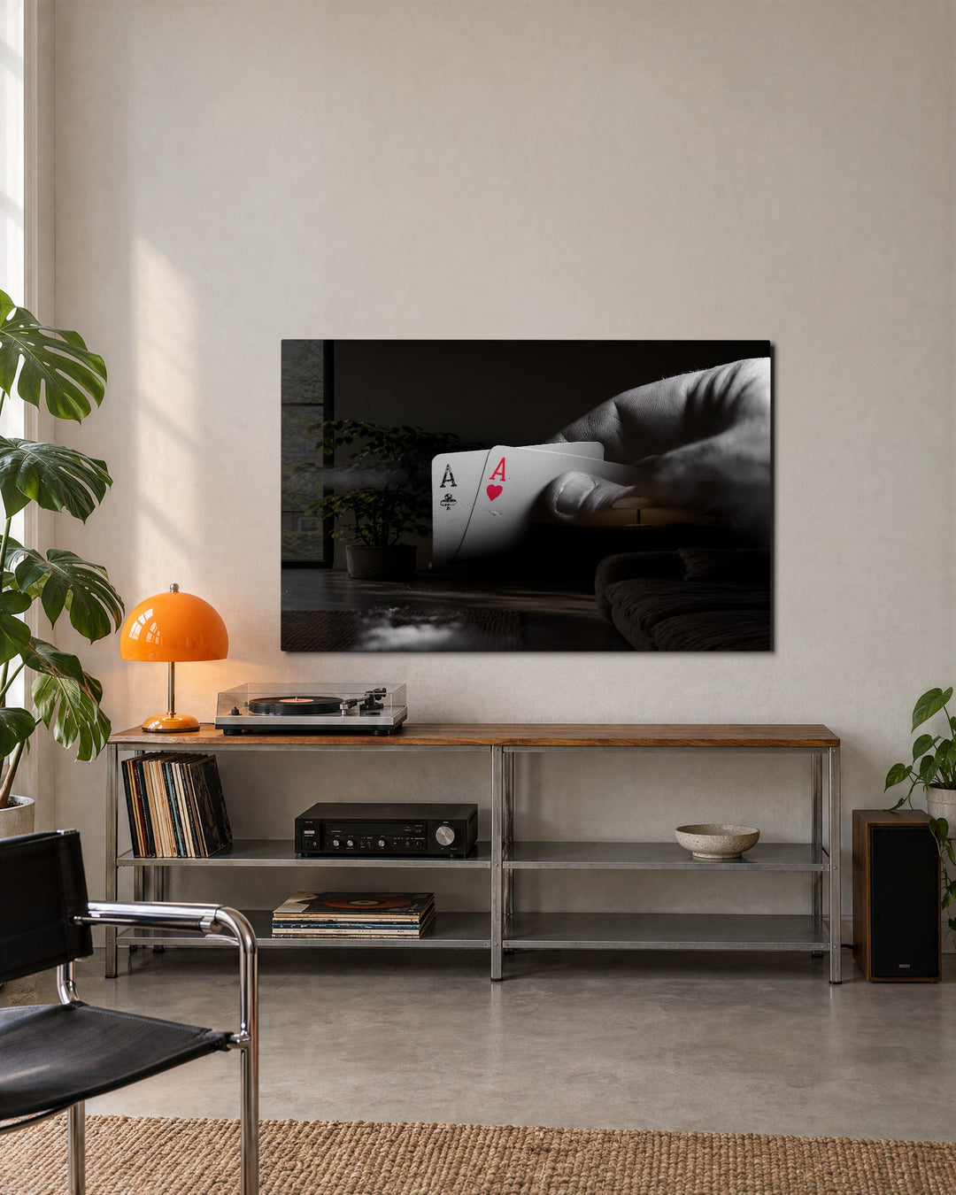 Two Aces in Hand glass wall art, lifestyle view