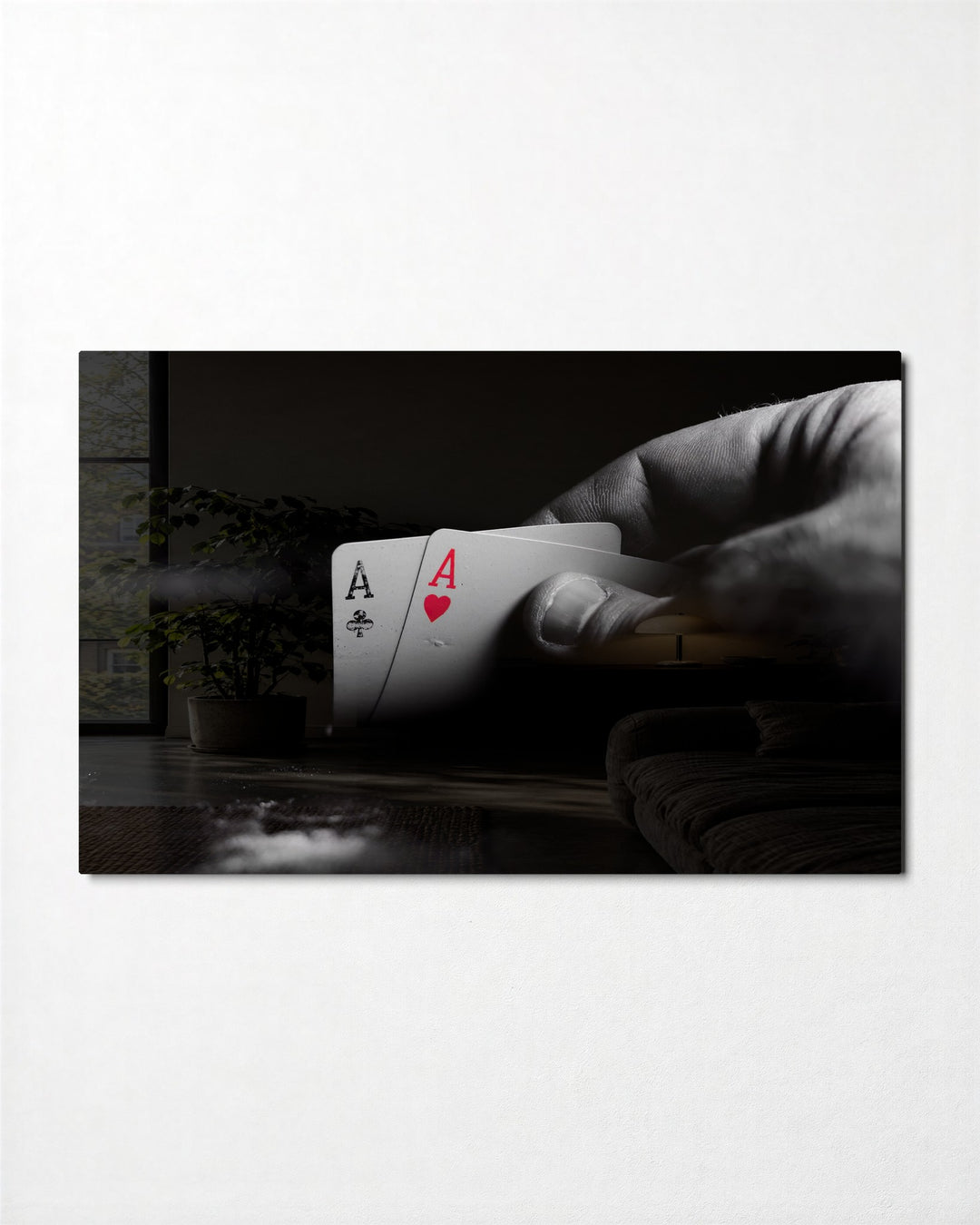 Two Aces in Hand glass wall art, front view