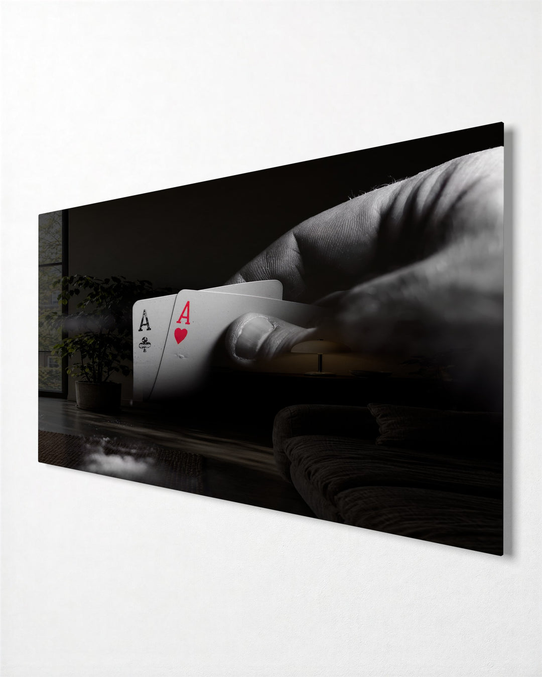 Two Aces in Hand glass wall art, side view