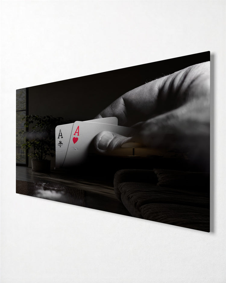 Two Aces in Hand glass wall art, side view