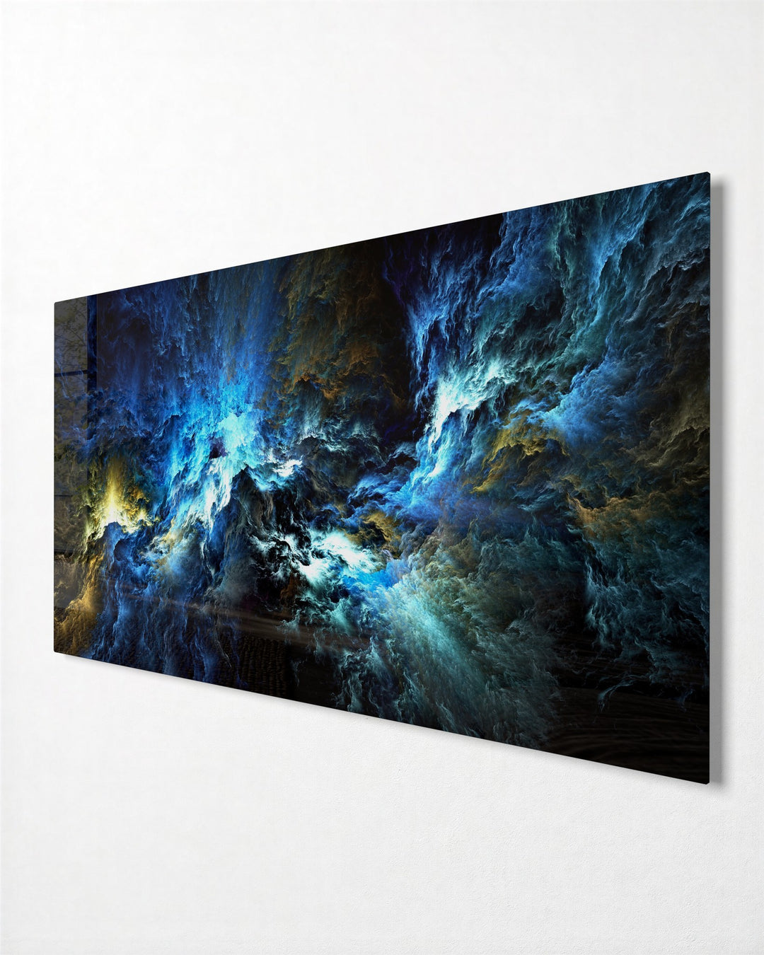 Blue Nebula Storm glass wall art, side view