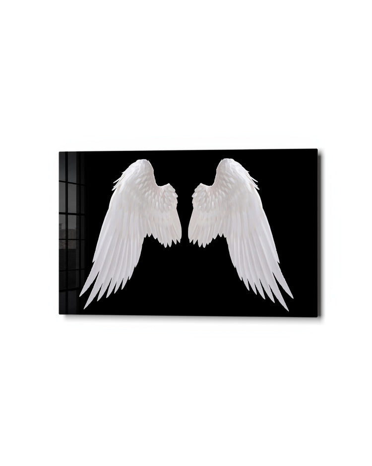 White Wings on Black glass wall art, studio view