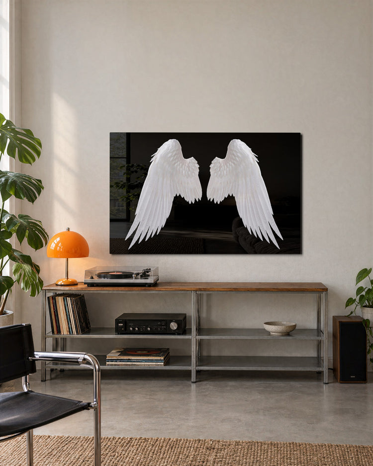 White Wings on Black glass wall art, lifestyle view