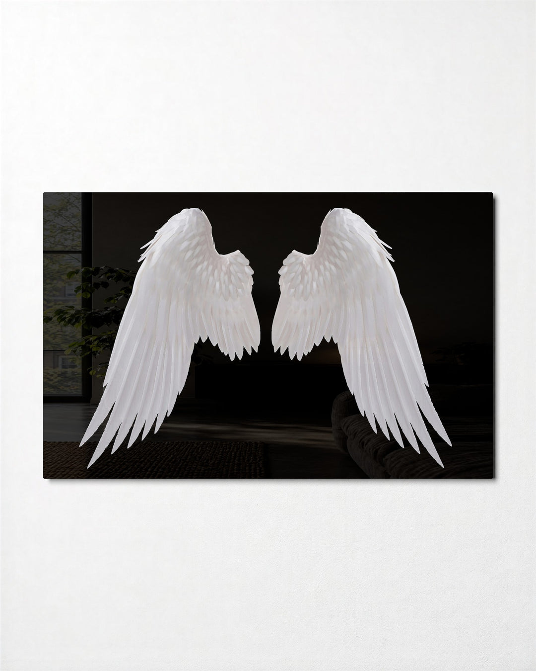 White Wings on Black glass wall art, front view