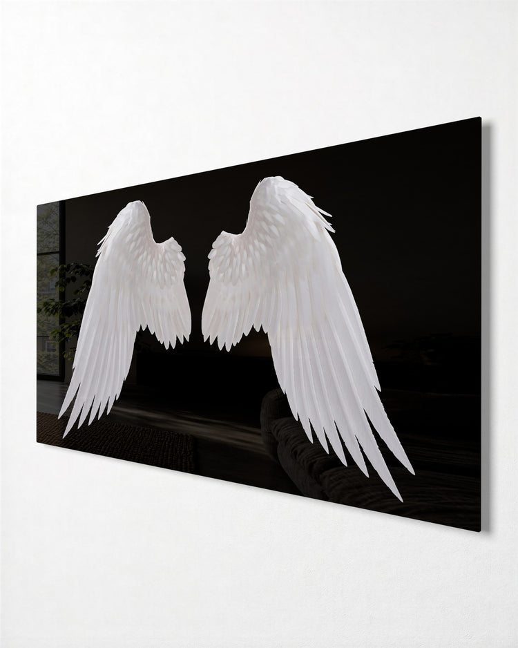 White Wings on Black glass wall art, side view