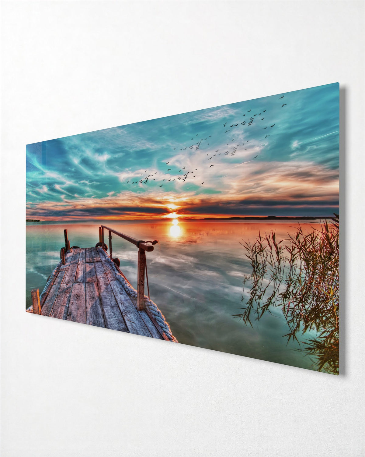 Old Pier at Sunset glass wall art, side view