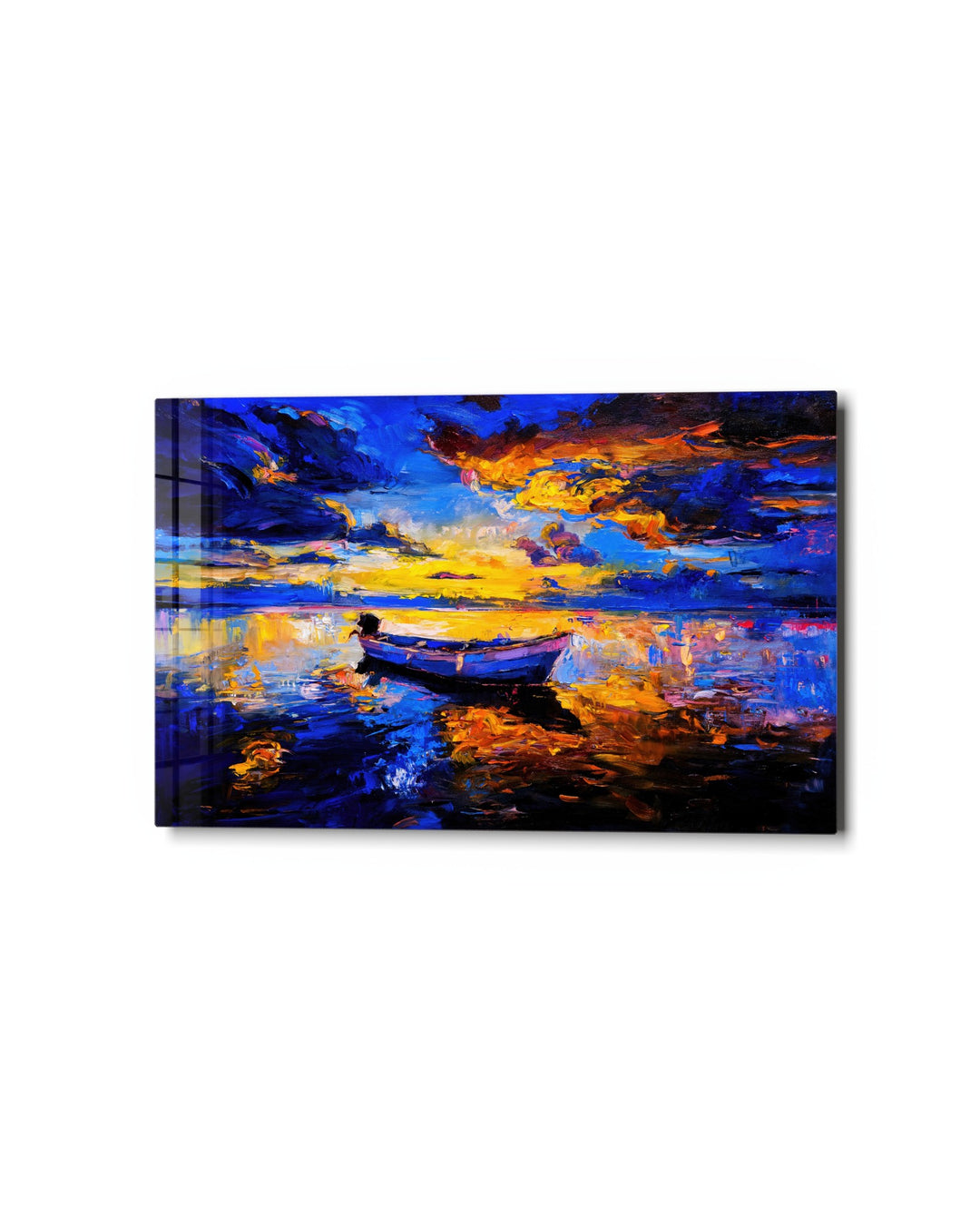 Boat on a Burning Lake glass wall art, studio view