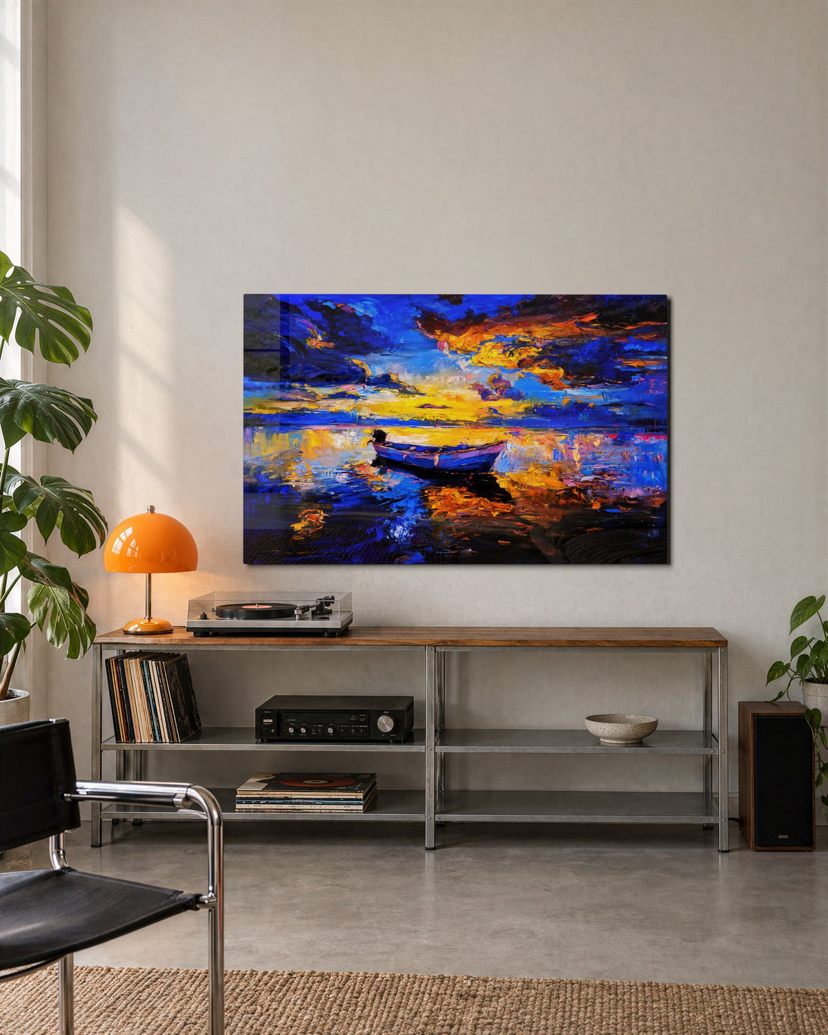Boat on a Burning Lake glass wall art, lifestyle view