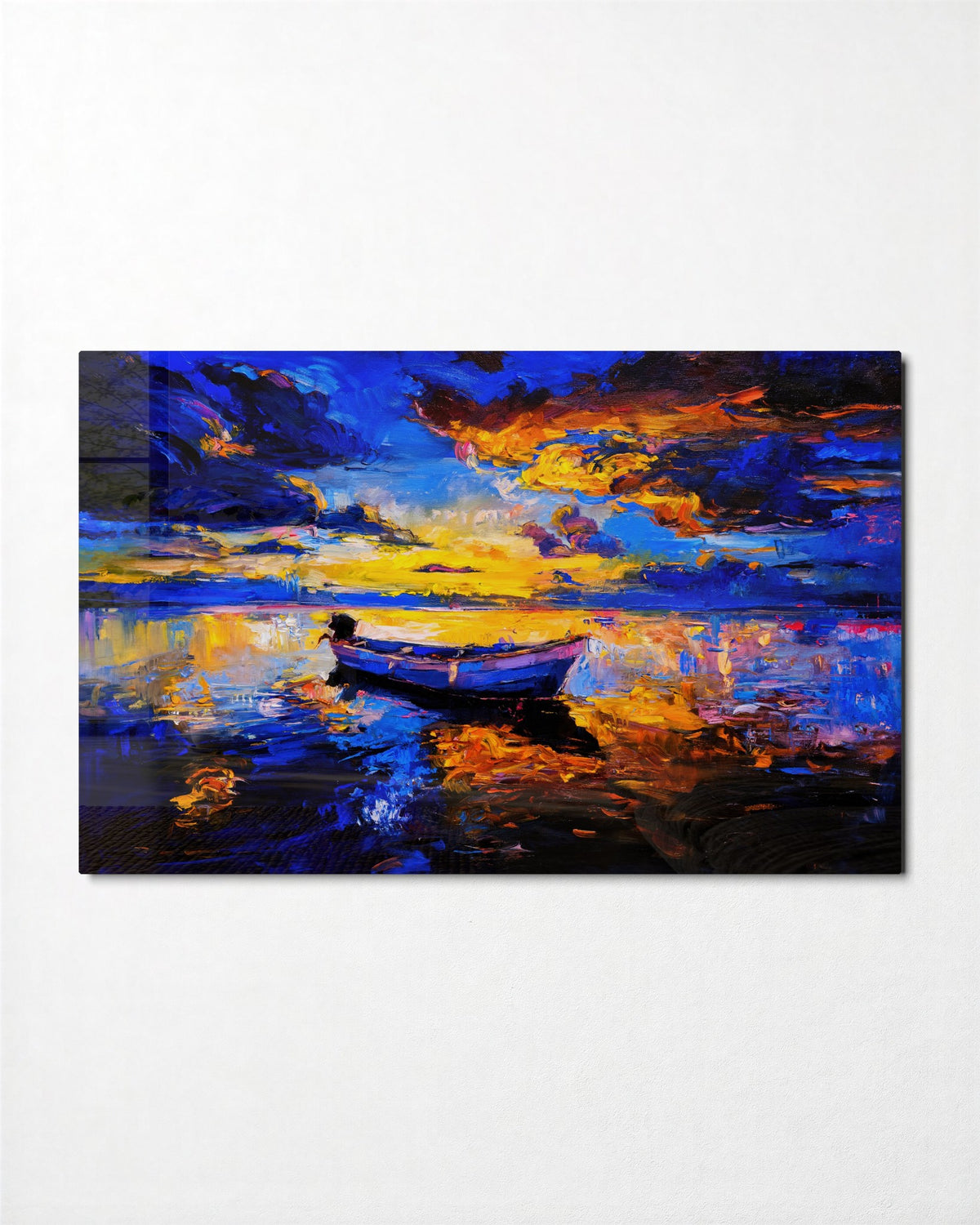 Boat on a Burning Lake glass wall art, front view