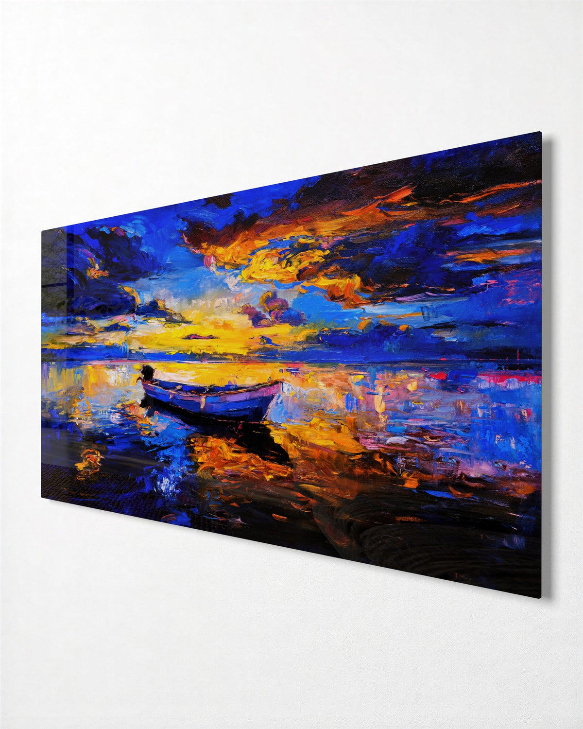 Boat on a Burning Lake glass wall art, side view
