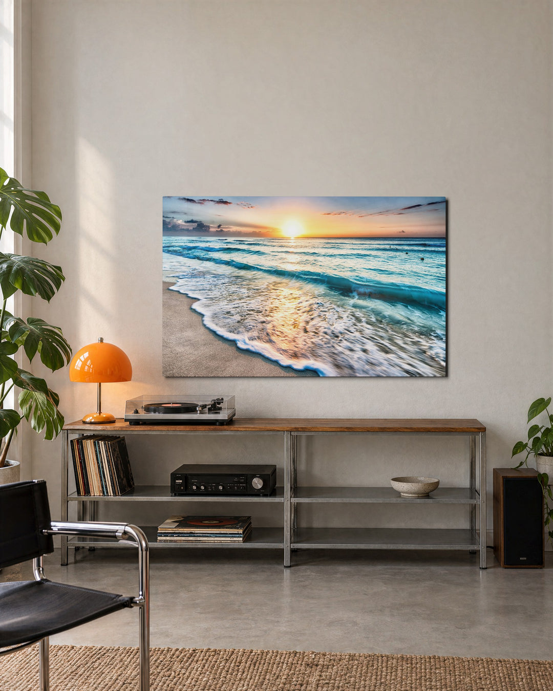 Turquoise Surf at Sunrise glass wall art, lifestyle view