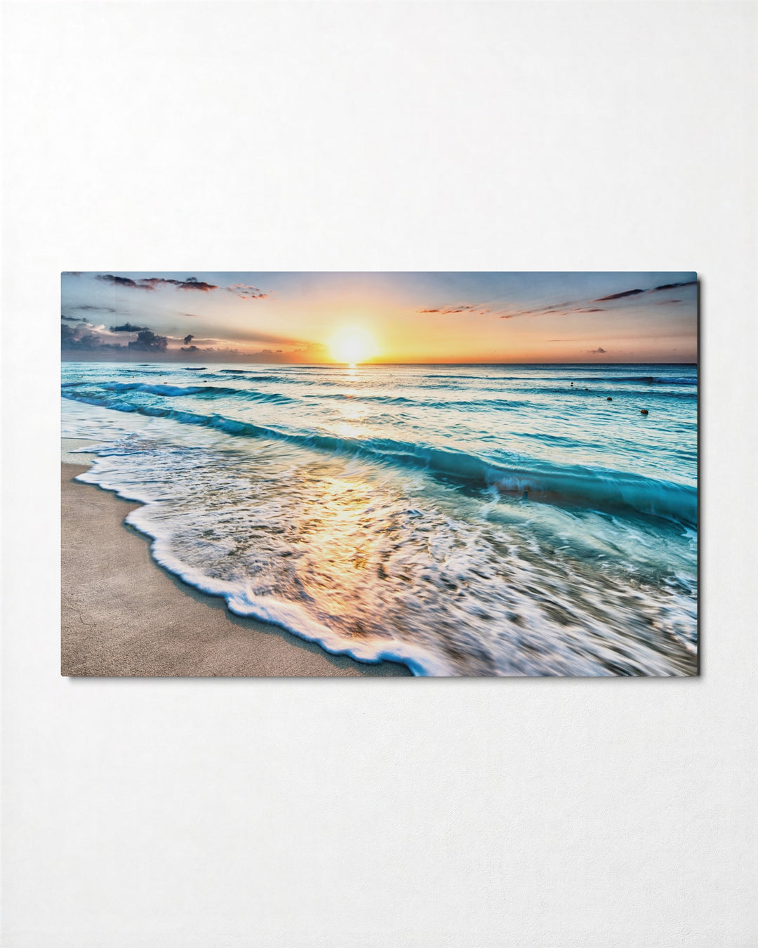 Turquoise Surf at Sunrise glass wall art, front view