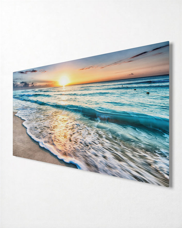 Turquoise Surf at Sunrise glass wall art, side view