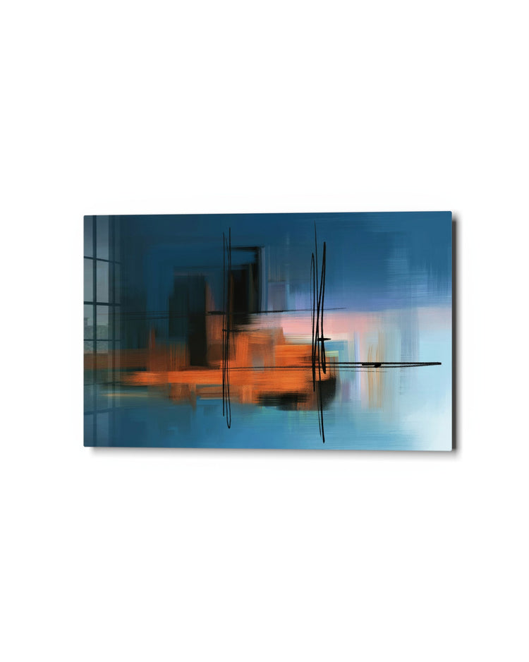 Orange Streaks, Ink Lines glass wall art, studio view