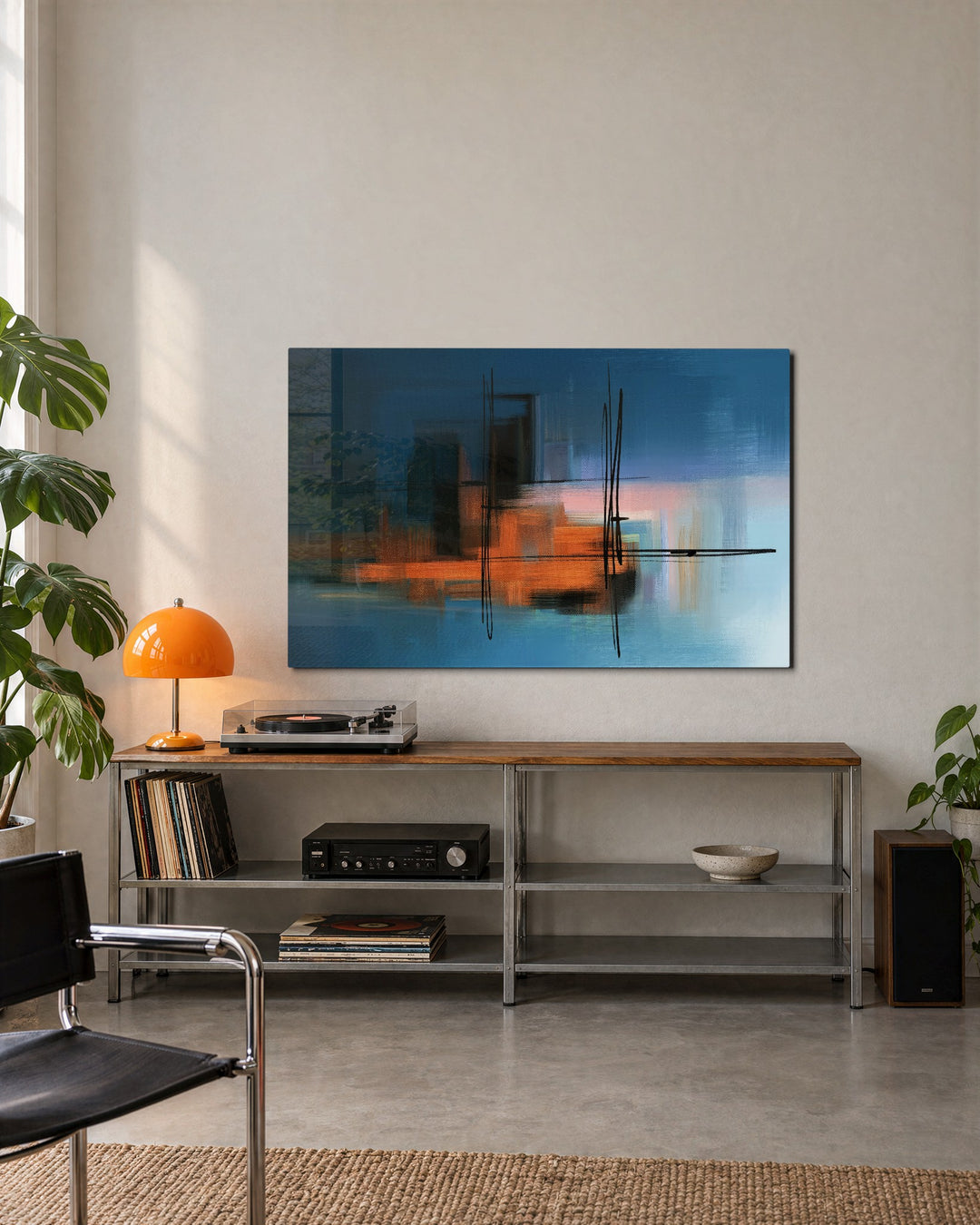 Orange Streaks, Ink Lines glass wall art, lifestyle view