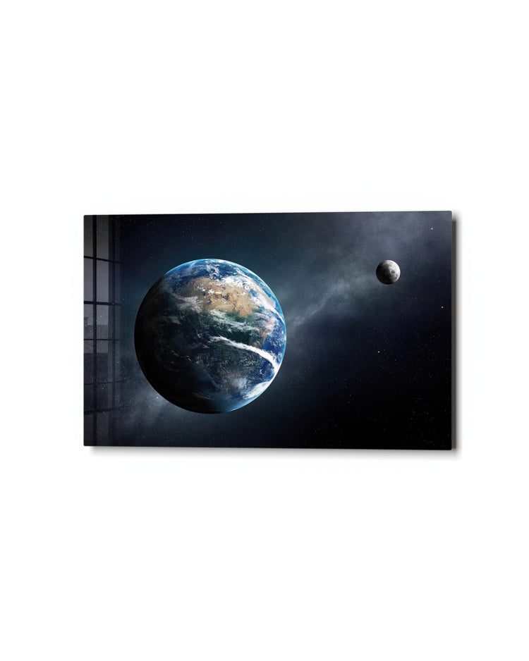 Earth and Moon glass wall art, studio view
