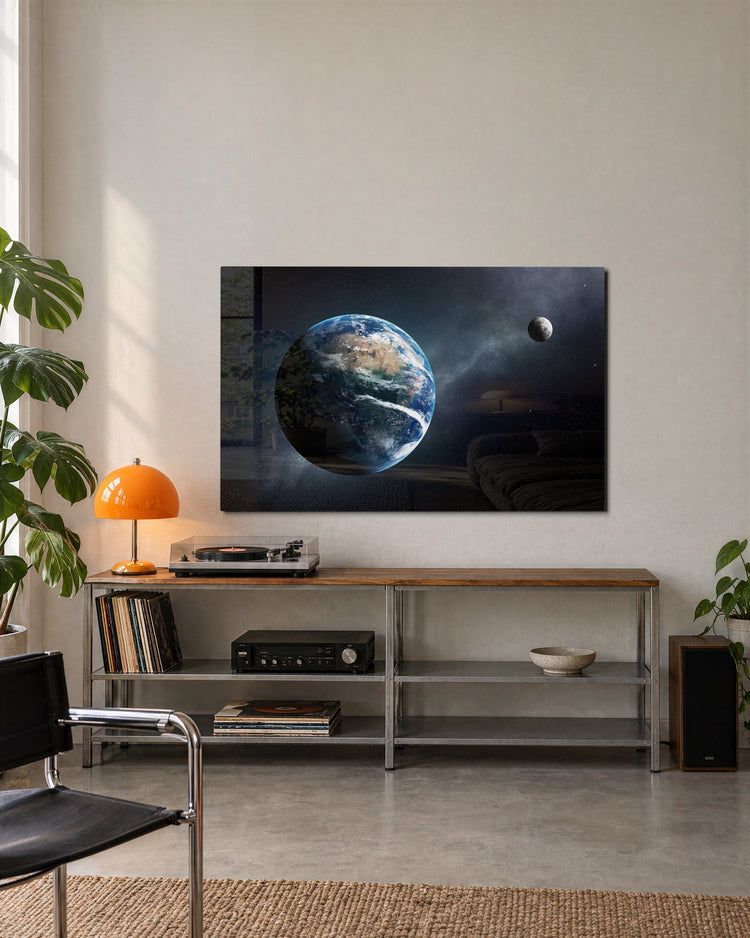 Earth and Moon glass wall art, lifestyle view
