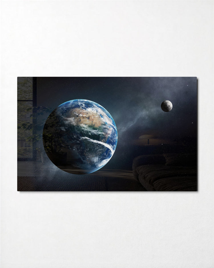 Earth and Moon glass wall art, front view