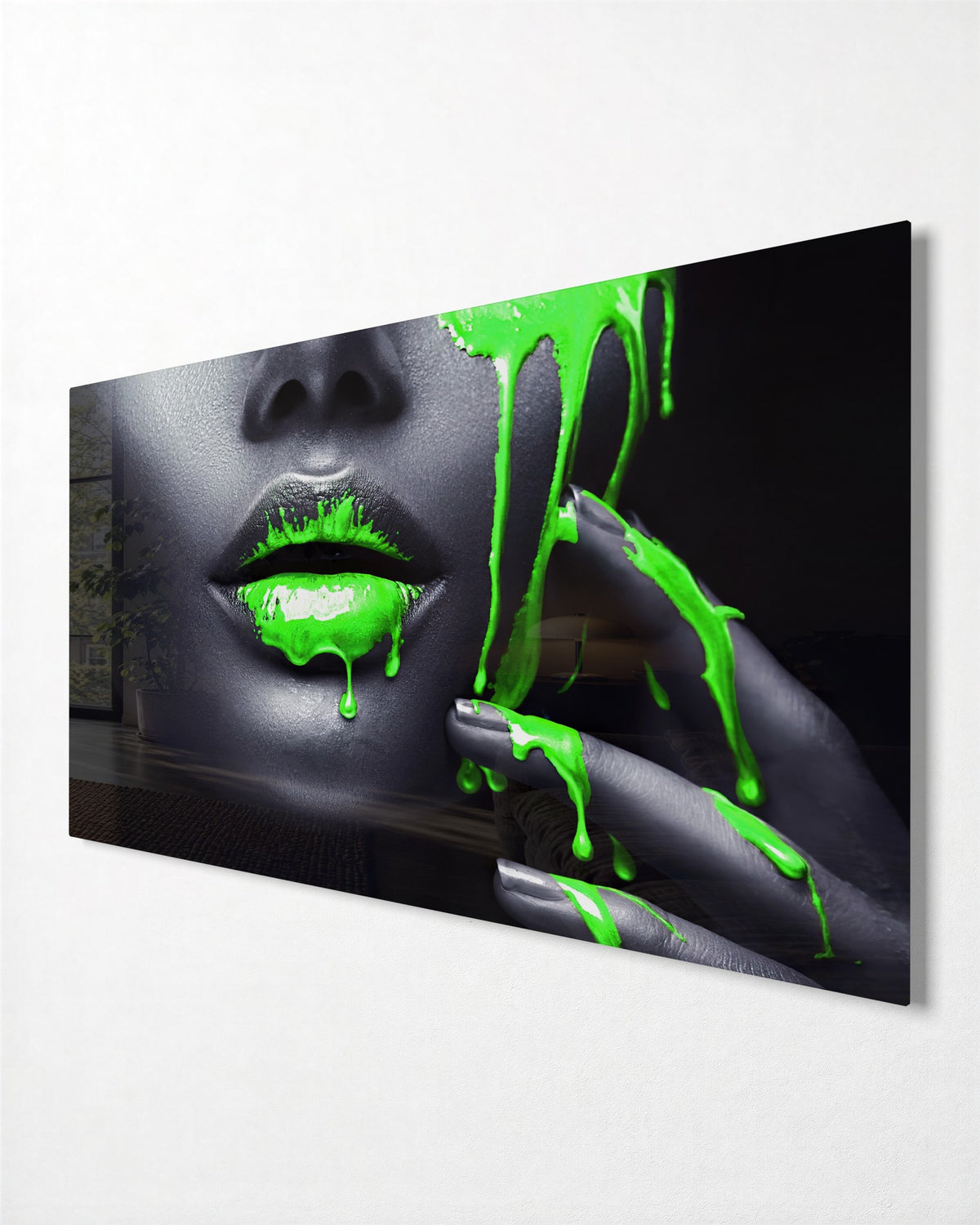 Neon Green Lips glass wall art, side view