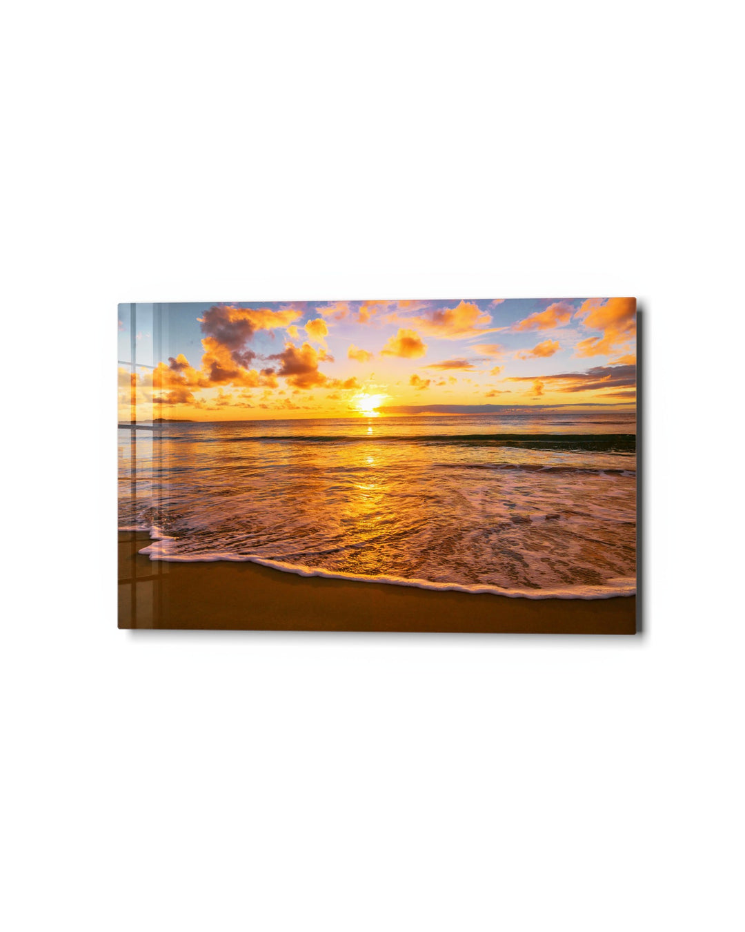 Golden Wave at Sunset glass wall art, studio view