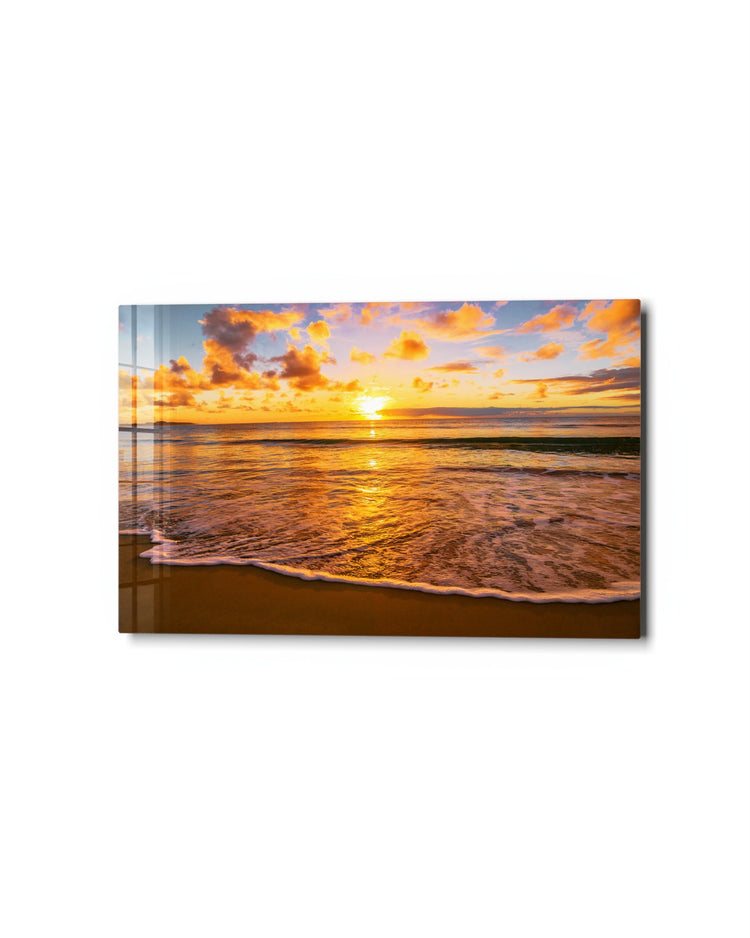 Golden Wave at Sunset glass wall art, studio view