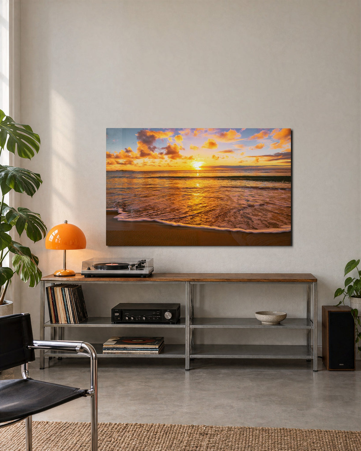 Golden Wave at Sunset glass wall art, lifestyle view
