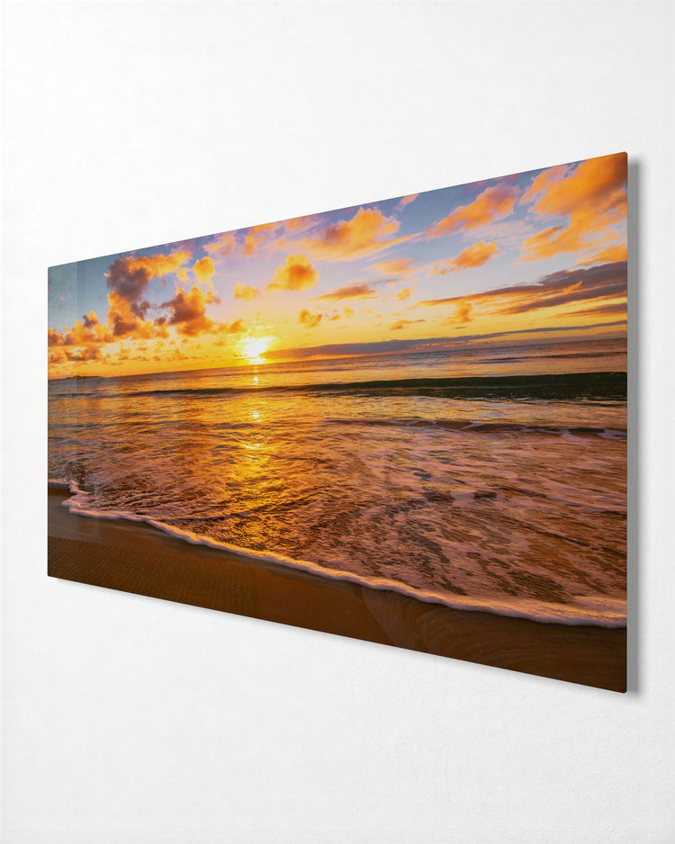 Golden Wave at Sunset glass wall art, side view