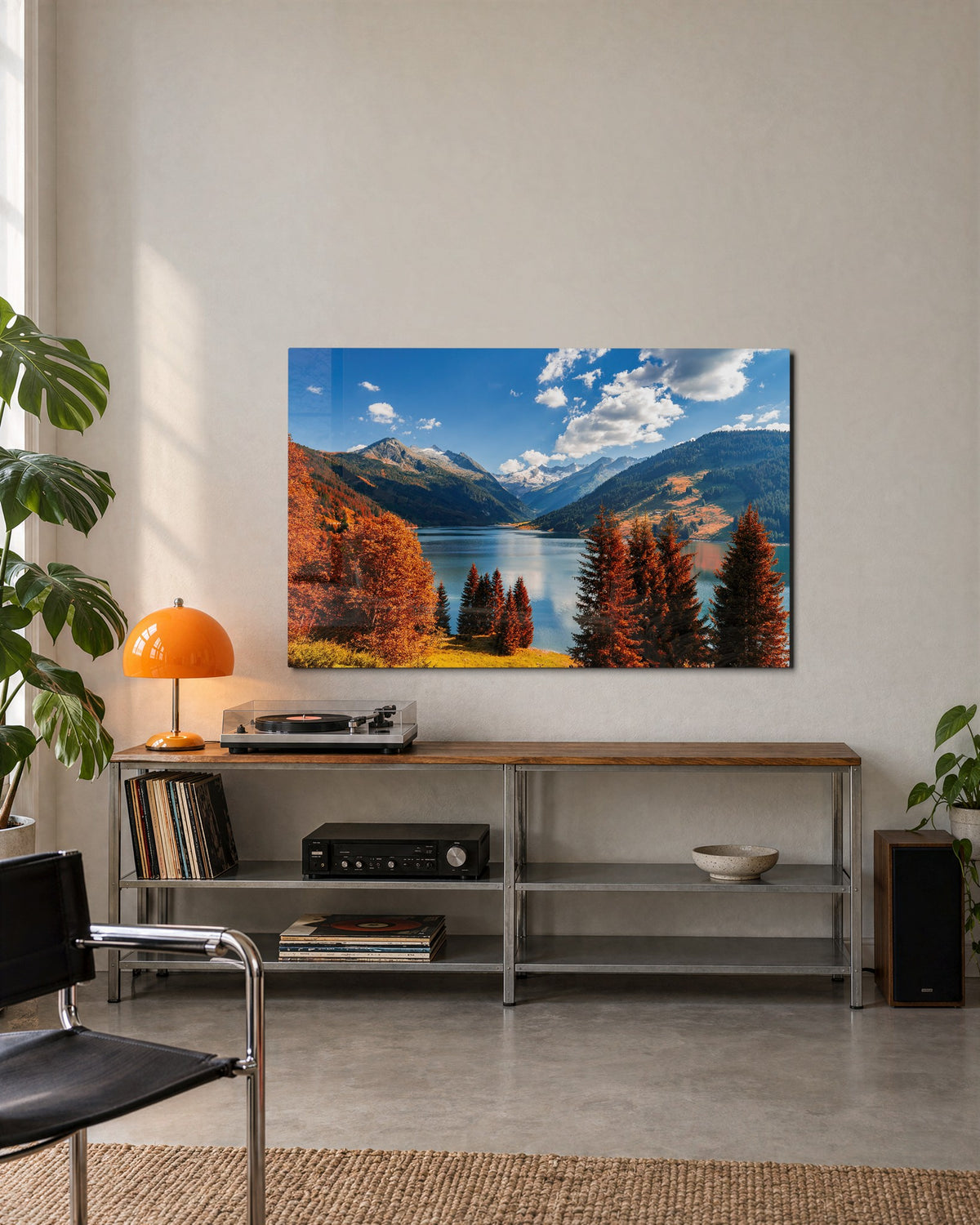 Autumn Lake in the Valley glass wall art, lifestyle view