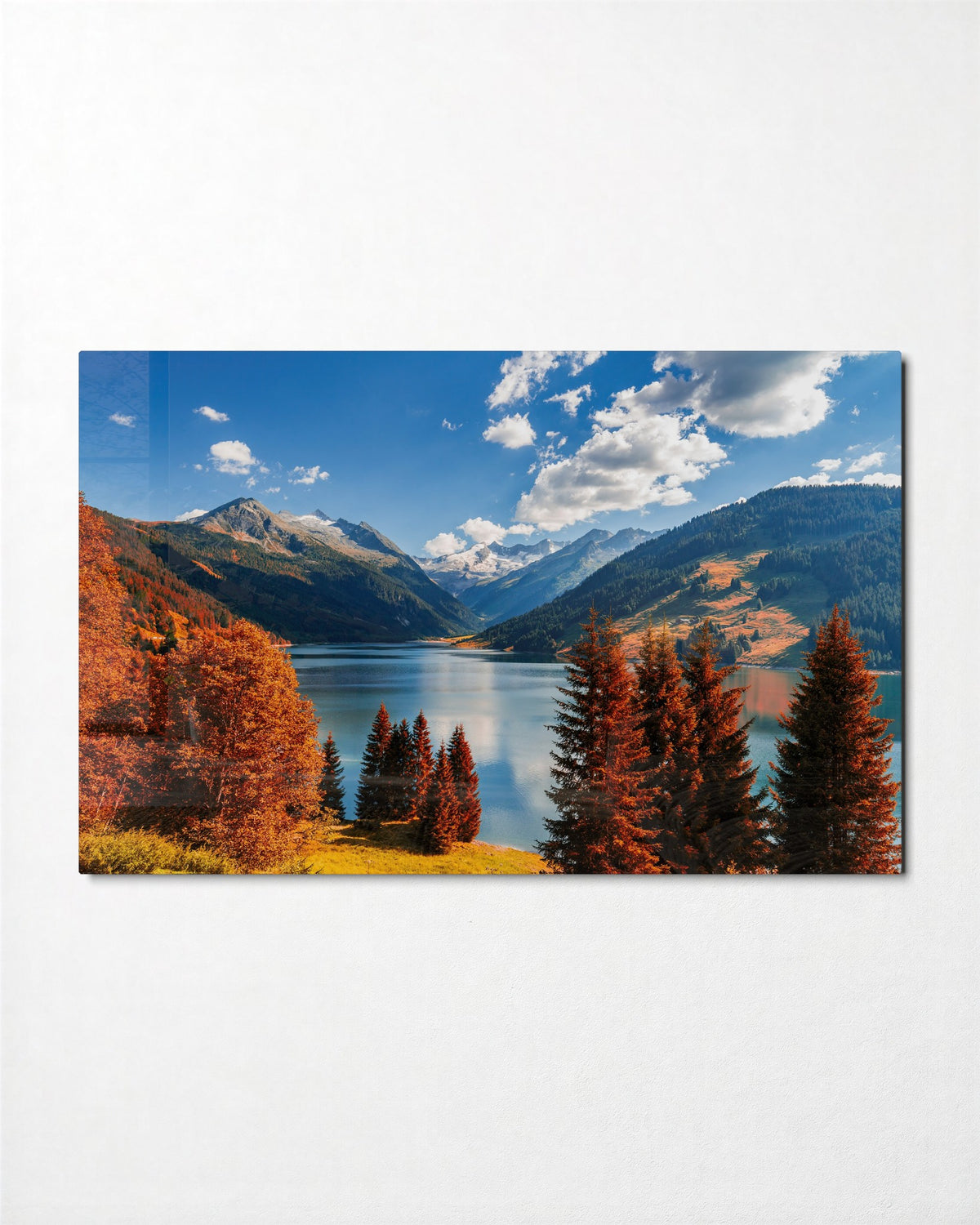 Autumn Lake in the Valley glass wall art, front view