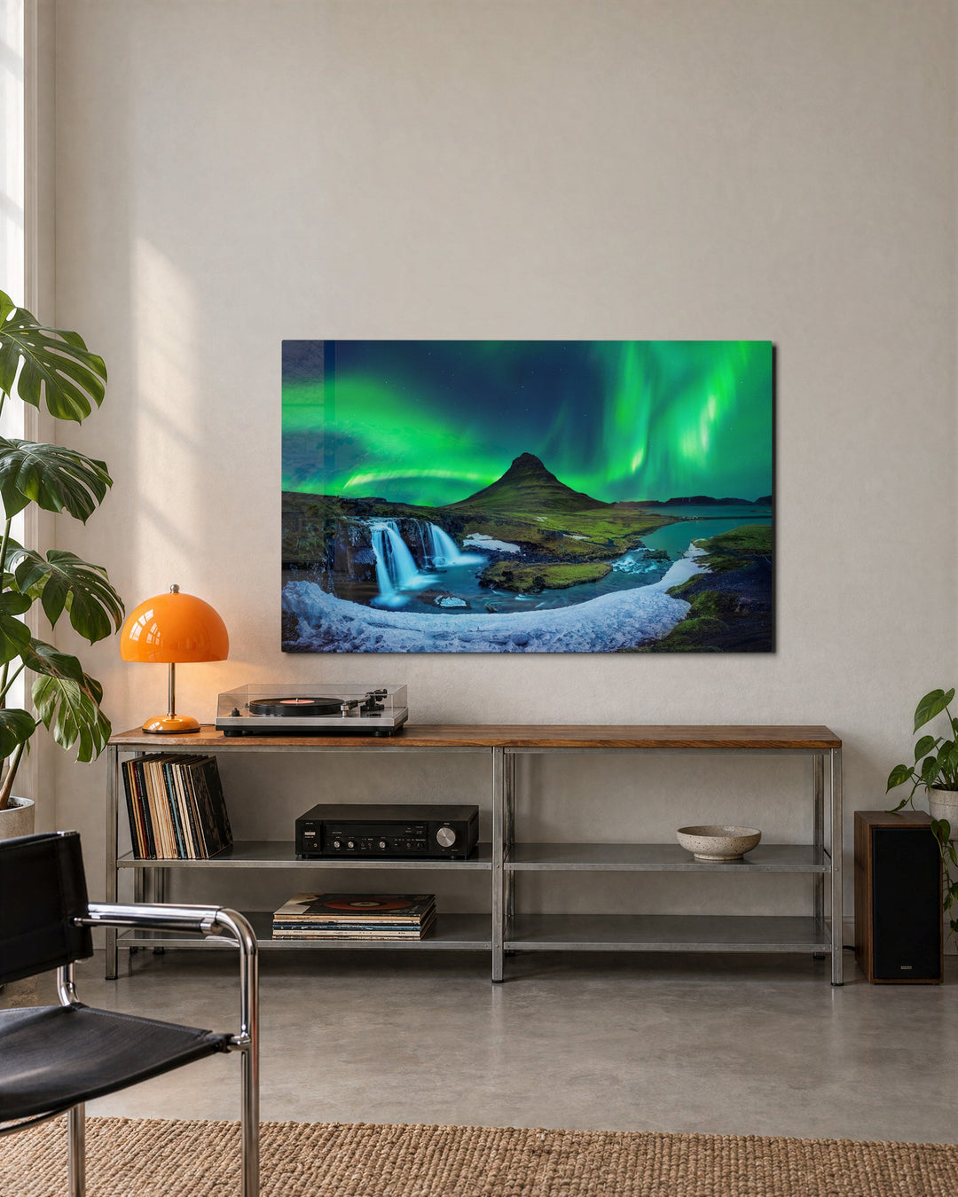 Northern Lights Over the Falls glass wall art, lifestyle view