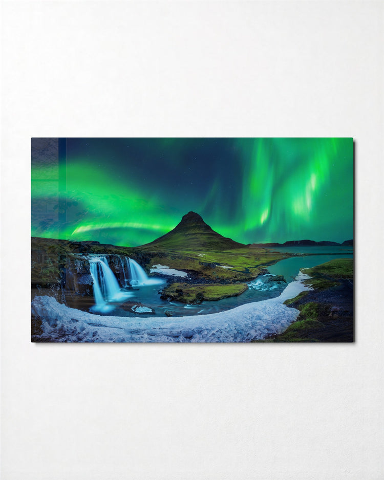 Northern Lights Over the Falls glass wall art, front view