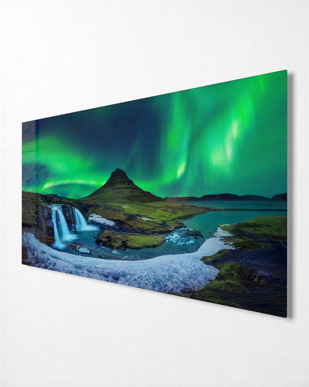 Northern Lights Over the Falls glass wall art, side view