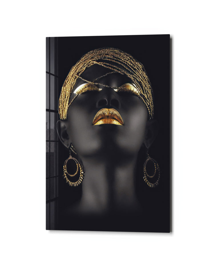 Golden Lips Portrait glass wall art, studio view