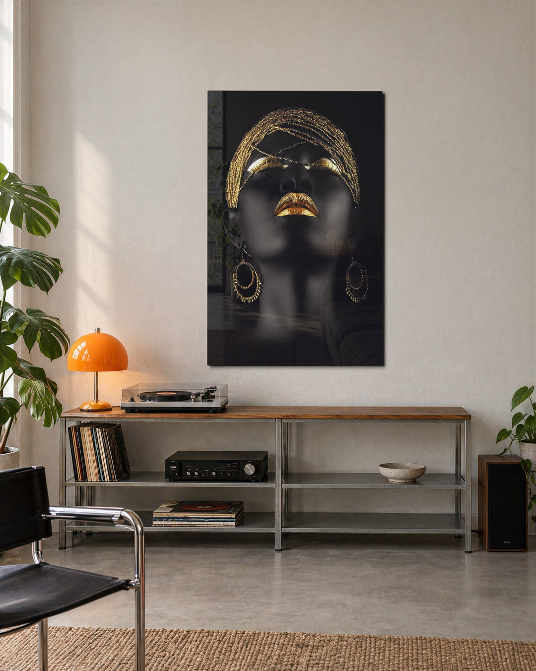 Golden Lips Portrait glass wall art, lifestyle view
