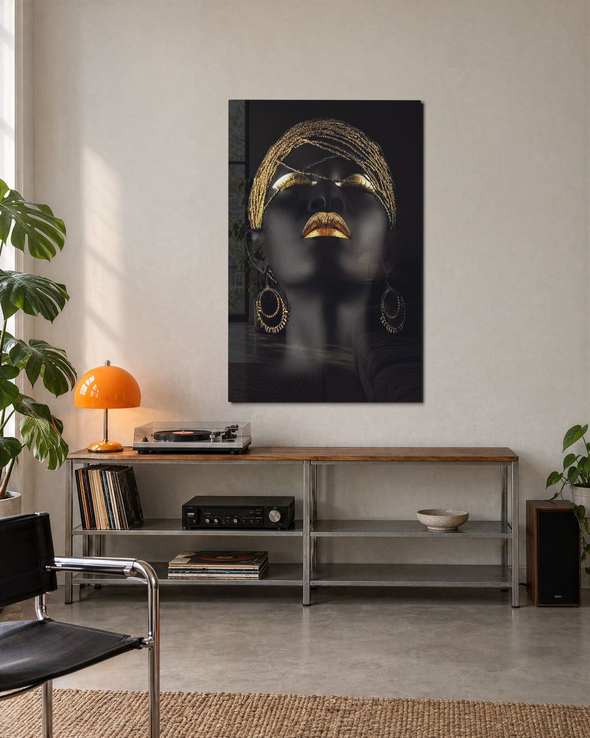 Golden Lips Portrait glass wall art, lifestyle view