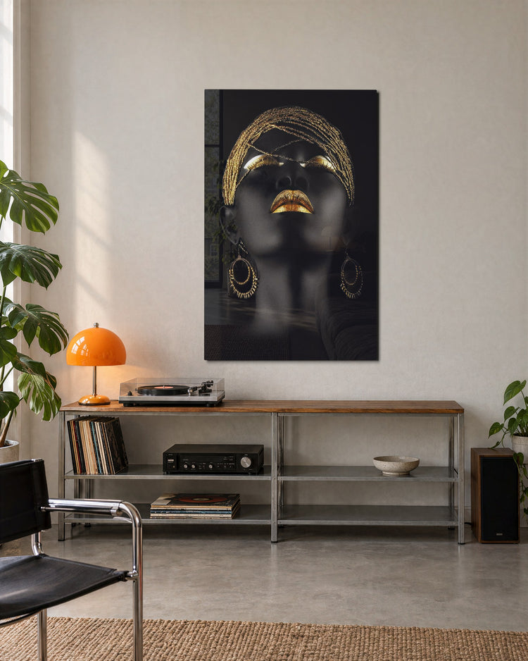 Golden Lips Portrait glass wall art, lifestyle view