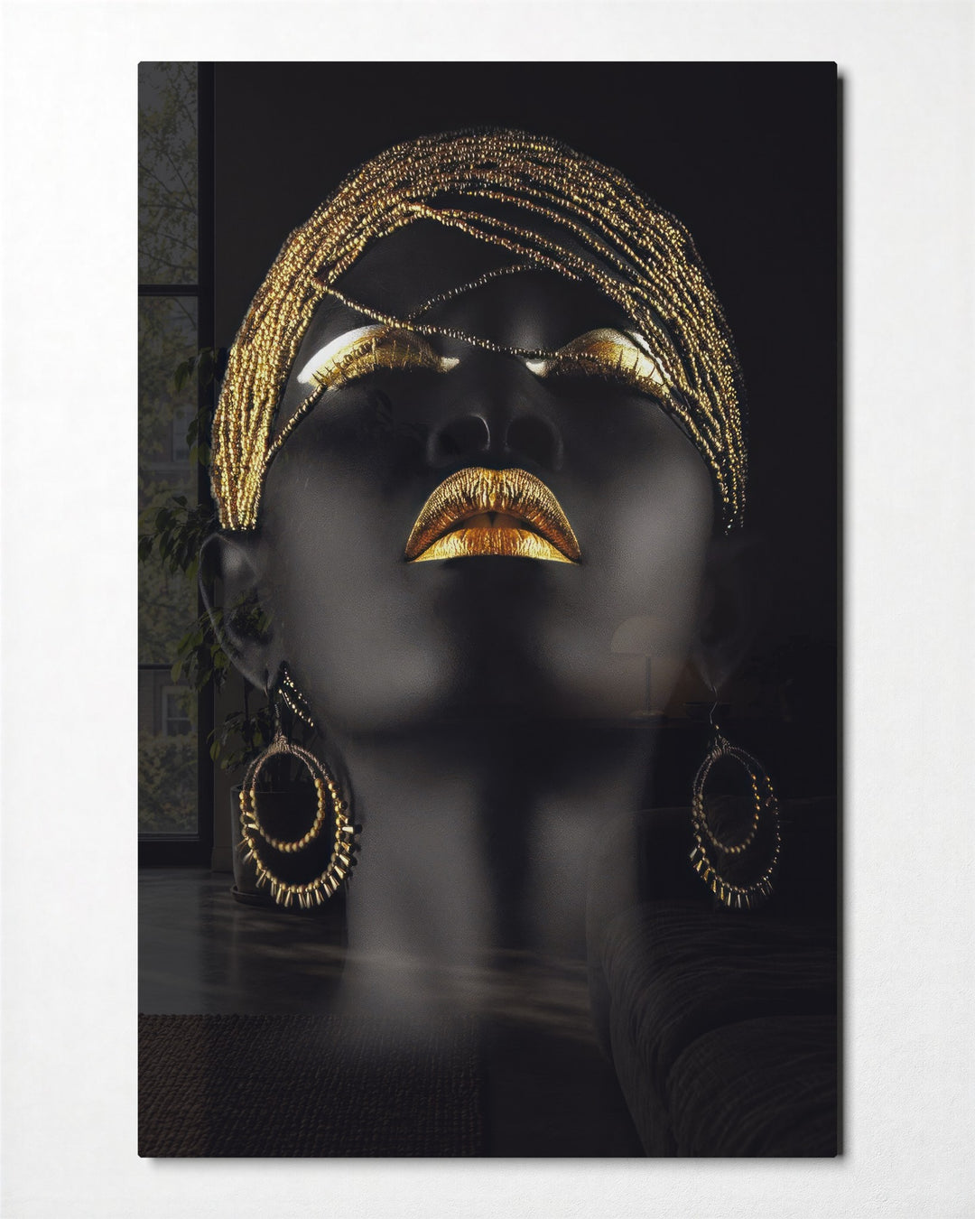Golden Lips Portrait glass wall art, front view