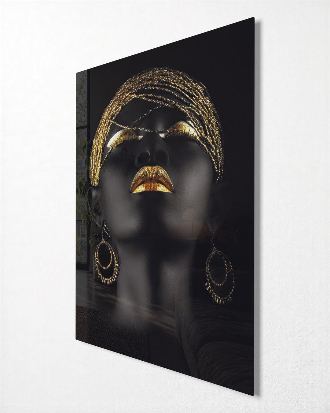Golden Lips Portrait glass wall art, side view