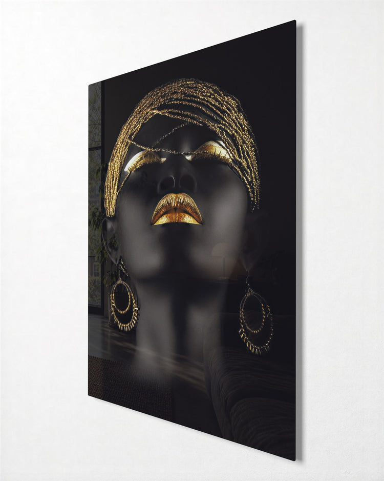 Golden Lips Portrait glass wall art, side view