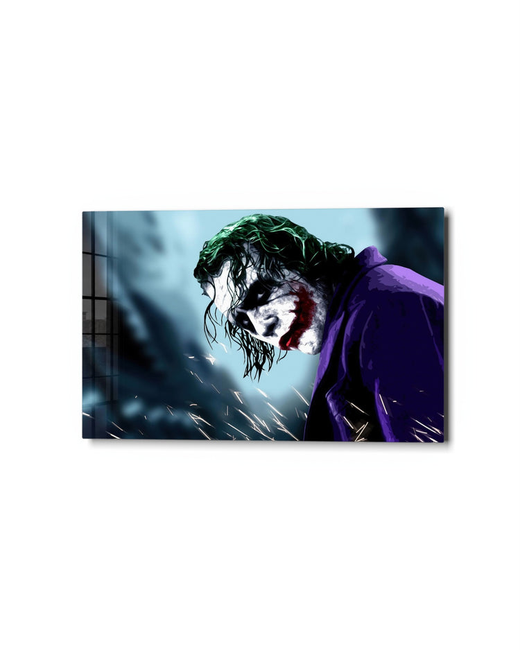 Green-Haired Villain in Purple glass wall art, studio view