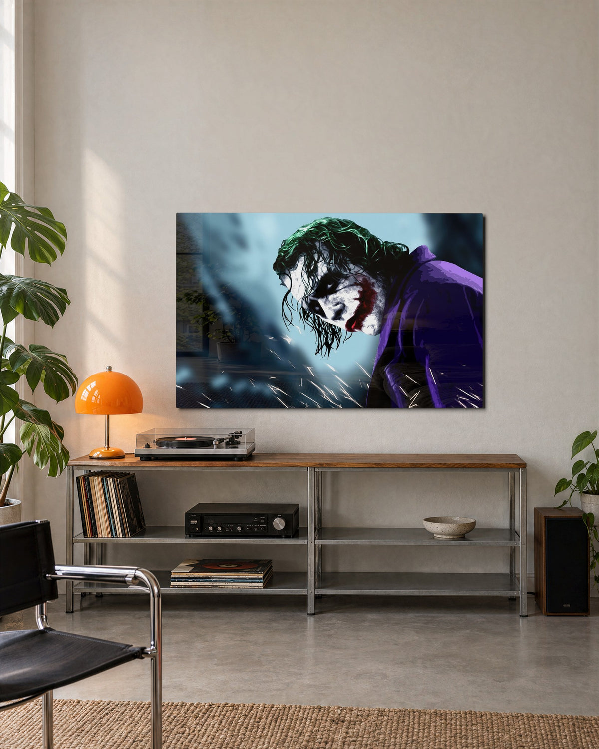 Green-Haired Villain in Purple glass wall art, lifestyle view