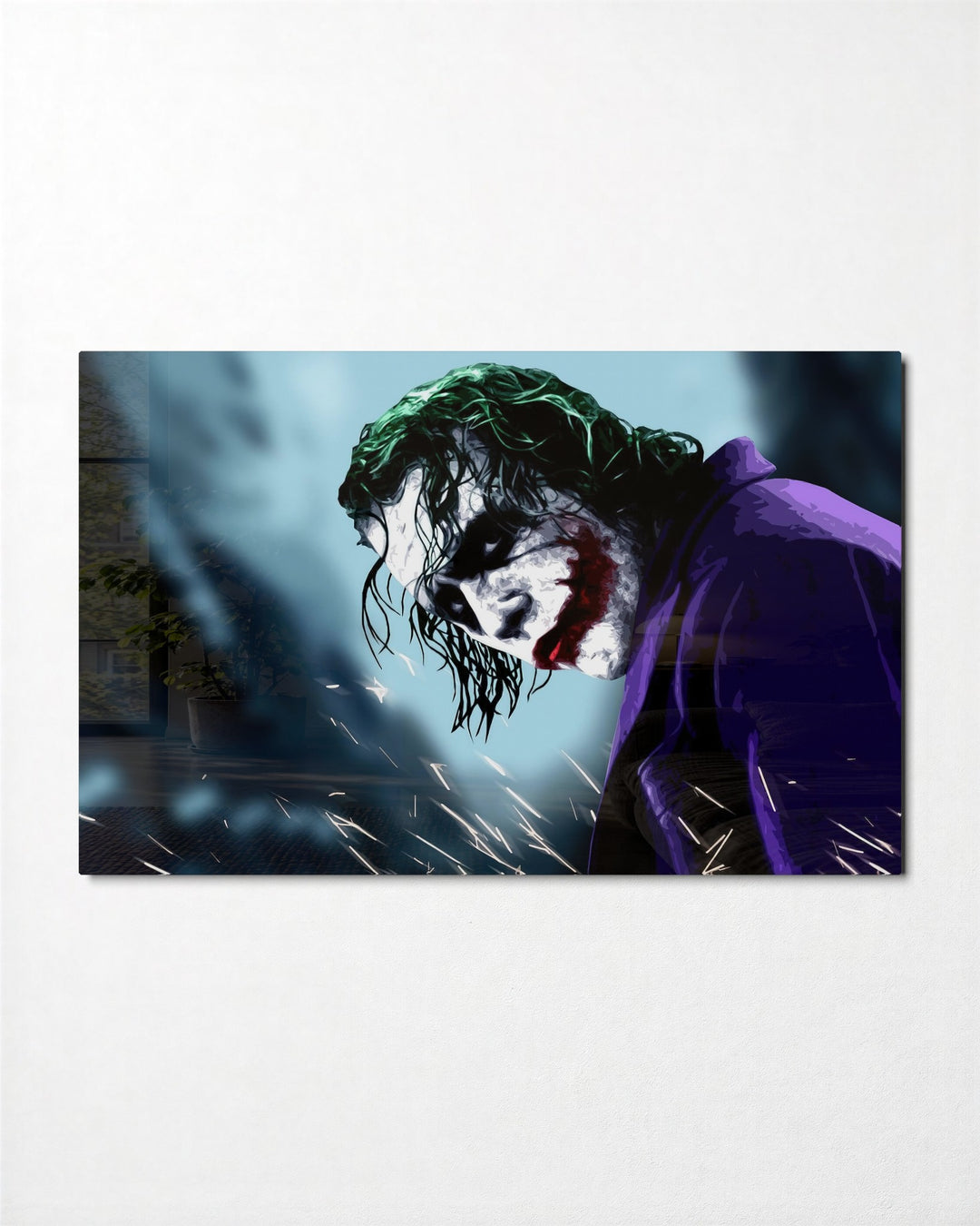 Green-Haired Villain in Purple glass wall art, front view