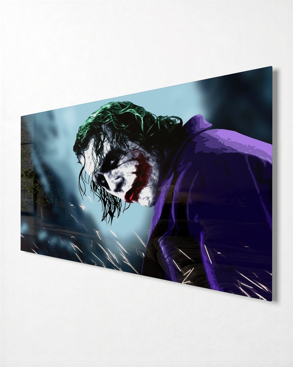 Green-Haired Villain in Purple glass wall art, side view